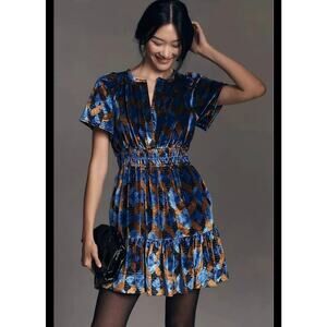 ANTHROPOLOGIE  The Somerset Mini Dress: Velvet Edition Blue Brown Size Large
